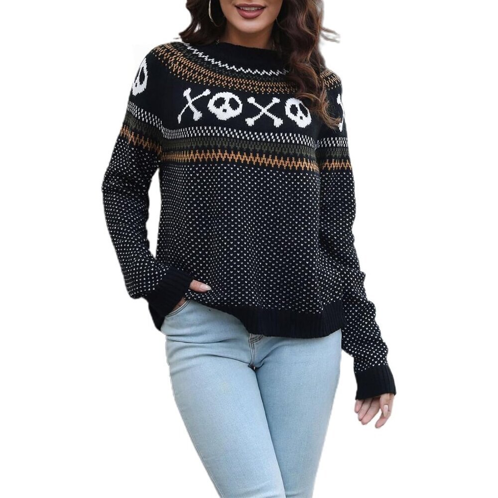 Women’s Acrylic Ghost Print Sweater Long Sleeve Crew Neck Halloween Top